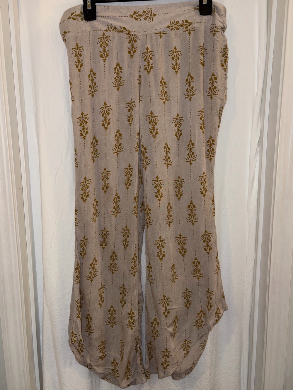 Free People Taupe Wide Leg Printed Pants with Mustard Motif
